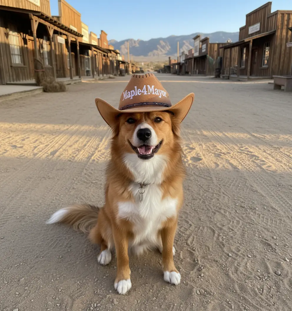 Maple in Pioneertown wearing her campaign hat